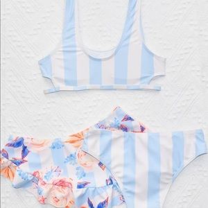 3 piece stripe swimsuit w/ floral skirt